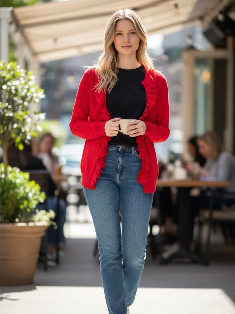 Tory Burch Pink-Red Ruffle Open Front Cardigan